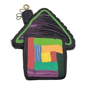 Vintage Handmade Polymer Clay on Wood House Brooch Pin Patchwork Design 2.25'